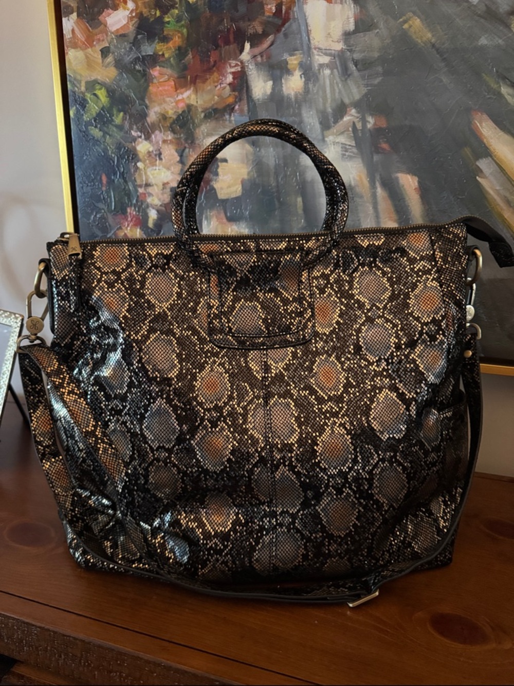EUC HOBO Sheila Black & Metallic Snakeskin Tote Bag